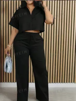 Slayr Удобный комплект из двух предметов: топ и брюки, зеленый топ с карманами и брюки для женщин больших размеров Shein, черный