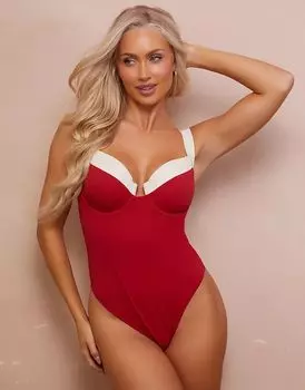 Слитный купальник Fuller Bust x Abby Benson с контрастной отделкой в вишнево-красном и кремовом цветах Wolf & Whistle