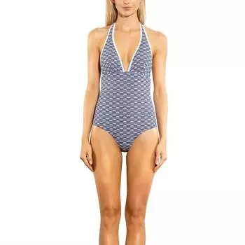 Слитный купальник с графическим узором и жаккардовой отделкой на шее в темно-синем/белом цвете Shoshanna