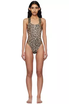 Слитный купальник с коричнево-черным узором Greca Border Versace Underwear