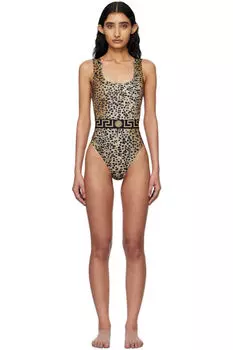 Слитный купальник с коричнево-черным узором Greca Border Versace Underwear