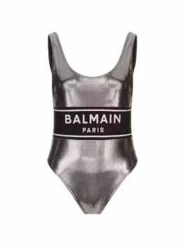 Слитный купальник с логотипом Balmain, серебристый
