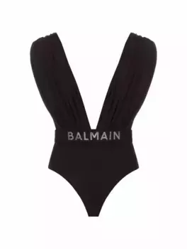 Слитный купальник со стразами Balmain, черный