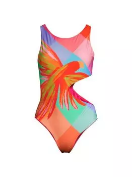 Слитный купальник в клетку с нарисованными птицами Farm Rio, разноцветный