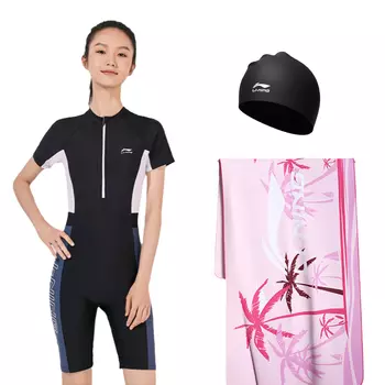 Слитный женский купальник LiNing FW23, Black Swimsuit+Bath Towel+Swimming Cap