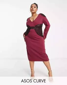 Сливовое платье миди с глубоким вырезом и длинными рукавами ASOS DESIGN Curve