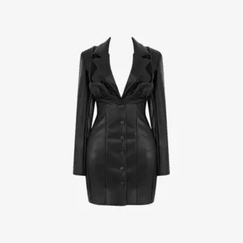 Смелые движения мини-платье из веганской кожи с воротником-лацканами и длинными рукавами Mistress Rocks, черный