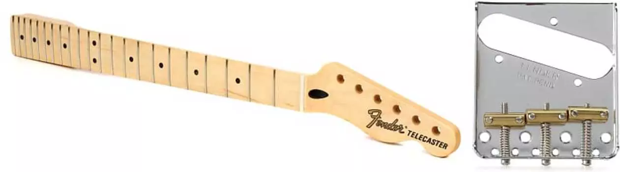 Сменный гриф Fender серии Deluxe Telecaster — комплект из кленовой накладки на гриф с 3-мя седлами Fender American Vintage Telecaster Bridge в сборе — хром 0990806100=1 0997600921=1