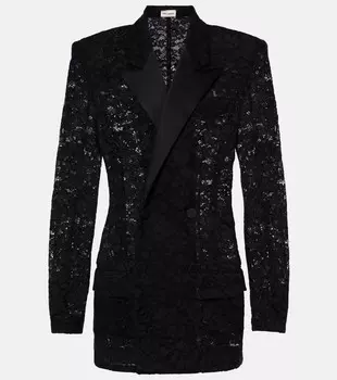 Смокинг-жакет из гипюрового кружева с атласной отделкой Saint Laurent, черный