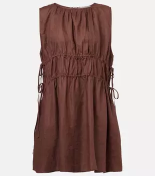 Собранное льняное мини-платье Asceno, коричневый