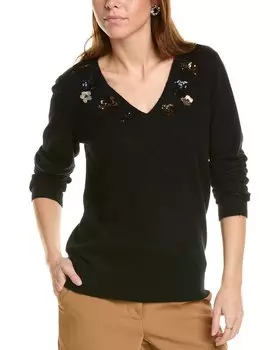 Sofiacashmere Кашемировый свитер с V-образным вырезом, украшенный пайетками, черный