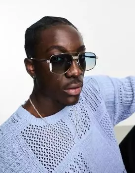Солнцезащитные очки-авиаторы ASOS из текстурированного золотистого металла с синими градиентными линзами