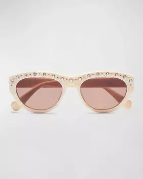 Солнцезащитные очки «кошачий глаз» из ацетата Memphis с украшением Lele Sadoughi, цвет Ivory Walnut