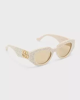 Солнцезащитные очки «кошачий глаз» из ацетата с украшением Gucci, цвет Shiny Solid Ivory With Strass And Studs