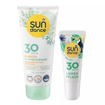 Солнцезащитный набор SUNDANCE: солнцезащитный крем SENSITIVE SPF 30 для чувствительной кожи с защитой от UVA+UVB, без октокрилена и отдушек 100 мл + средство для ухода за губами Mint Lip Care SPF 30 10 мл