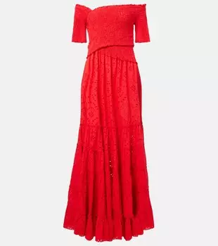 Солнечное цветочное хлопковое макси-платье Soledad Poupette St Barth, Geranium Red Plain