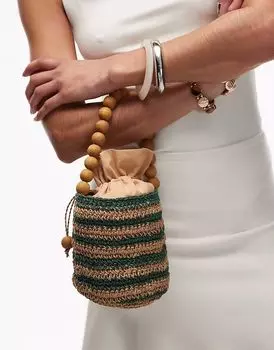 Соломенная сумка Topshop Gevvie с ручкой из бисера в зеленую полоску