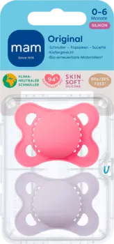 Соска Original однотонная силиконовая розовая/фиолетовая 0-6 месяцев 2 шт. MAM