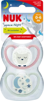 Соска Space Night силиконовая фиолетовая/мятная 0-6 месяцев 2 шт. NUK