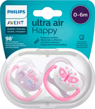 Соска Ultra Air Happy силиконовая розовая/фиолетовая 0-6 месяцев 2 шт. Philips