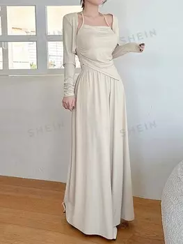 Состоит из 3 шт/компл однотонной куртки с длинными рукавами, асимметричного топа с бретелькой на бретельках и свободных широких брюк Dazy, абрикосовый