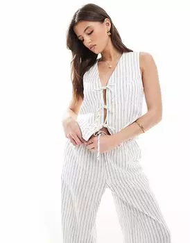 South Beach - жилет из льняной смеси в полоску кремового цвета с завязкой спереди