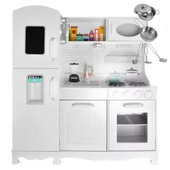 СОВРЕМЕННАЯ ДЕРЕВЯННАЯ КУХНЯ ДЛЯ ДЕТЕЙ, массивная и большая + кухонная утварь MINEXO