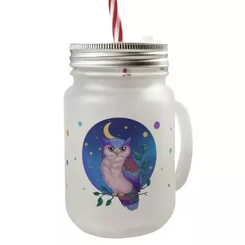 Сова в лунном свете Стакан с ручкой от банки Mason и крышкой speecheese