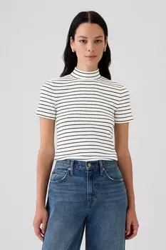 Современная хлопково модальная футболка с коротким рукавом и воротником стойкой Gap, белый