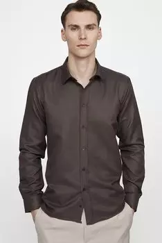 Современная приталенная хлопковая мужская коричневая рубашка Добби, которую легко гладить TUDORS
