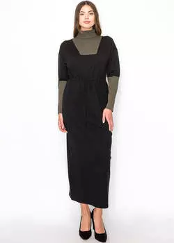 Современное черное платье с оливковыми контрастными вставками Yal New York