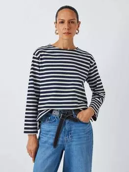 Современный хлопчатобумажный топ с длинным рукавом в бретонскую полоску John Lewis, цвет Dark Saphire