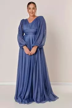 Спереди Сзади Длинное платье из тюля с V-образным вырезом спереди и драпировкой на подкладке By Sayg, синий
