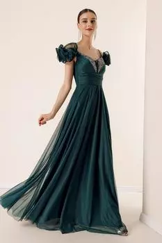 Спереди сзади с V-образным вырезом на веревочном ремне с коротким рукавом спереди на подкладке из камня длинное платье из тюля Изумрудное By Sayg, зеленый