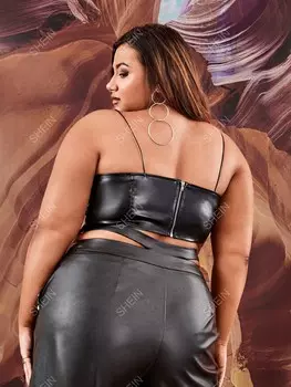 Сплошная рубашка ICON plus size с бриллиантами, асимметричный низ, искусственная кожа Shein, черный