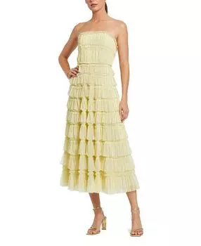 Сплошное сетчатое платье миди без бретелей с микрооборками в горошек Mac Duggal, желтый