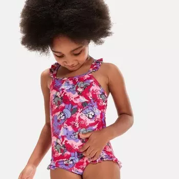 Сплошной детский купальник с принтом и оборками на тонких бретелях Speedo, фуксия
