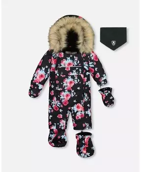 Сплошной детский зимний комбинезон для новорожденных девочек, черные розы с принтом, предназначен для автокресла - для младенцев, малышей Deux Par Deux, черный
