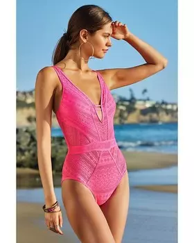 Сплошной купальник BECCA by Rebecca Virtue Color Play, связанный крючком, с глубоким вырезом и глубоким вырезом, розовый