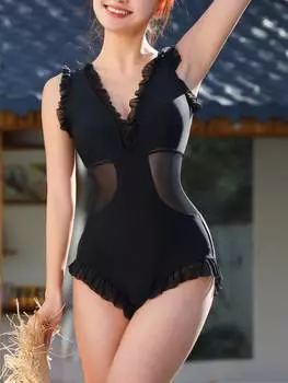 Сплошной купальник DAZY, сетчатая ткань и оборки, музыкальный фестиваль, черный цвет