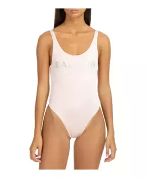 Сплошной купальник с кристаллическим логотипом Balmain, бежевый