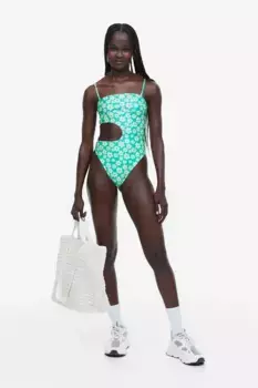 Сплошной купальник с высокими штанинами и вырезами H&M, зеленый