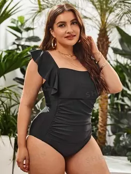 Сплошной купальник VCAY, детали с рюшами и складками, размер больших размеров Shein, черный