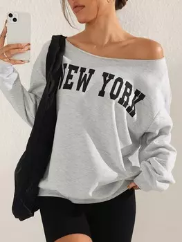 Sport Easify Женский свитер Длинные рукава, свободный крой, набивной рисунок, хлопок, заниженная талия, компактная модель, осень/зима Shein, светло-серый