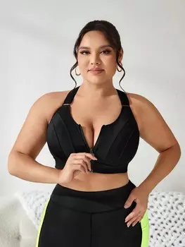 Sport Seamluxe Спортивный бюстгальтер больших размеров с поддержкой спереди и сохраненными чашками. Регулируемый ремень и застежка-липучка Shein, черный