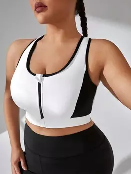 Sport Studio Плюс размер Спортивный бюстгальтер с цветными блоками на молнии спереди Shein, черно-белый