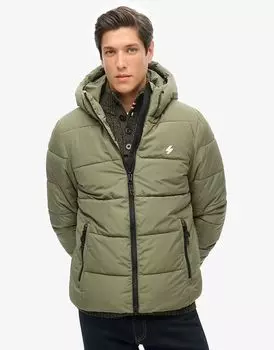 Спортивная куртка-пуховик Superdry с капюшоном цвета пыльного оливкового цвета
