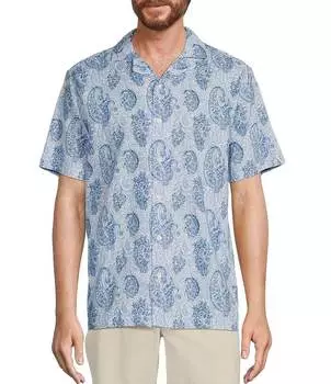 Спортивная рубашка из смесового льна Roundtree & Yorke с принтом пейсли и короткими рукавами, синий