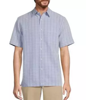 Спортивная рубашка из жаккарда в клетку средней длины с короткими рукавами Roundtree & Yorke, синий