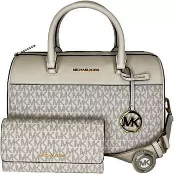 Спортивная сумка Michael Kors Travel MD в комплекте с большим кошельком тройного сложения и крючком для сумки (LT Cream Multi)